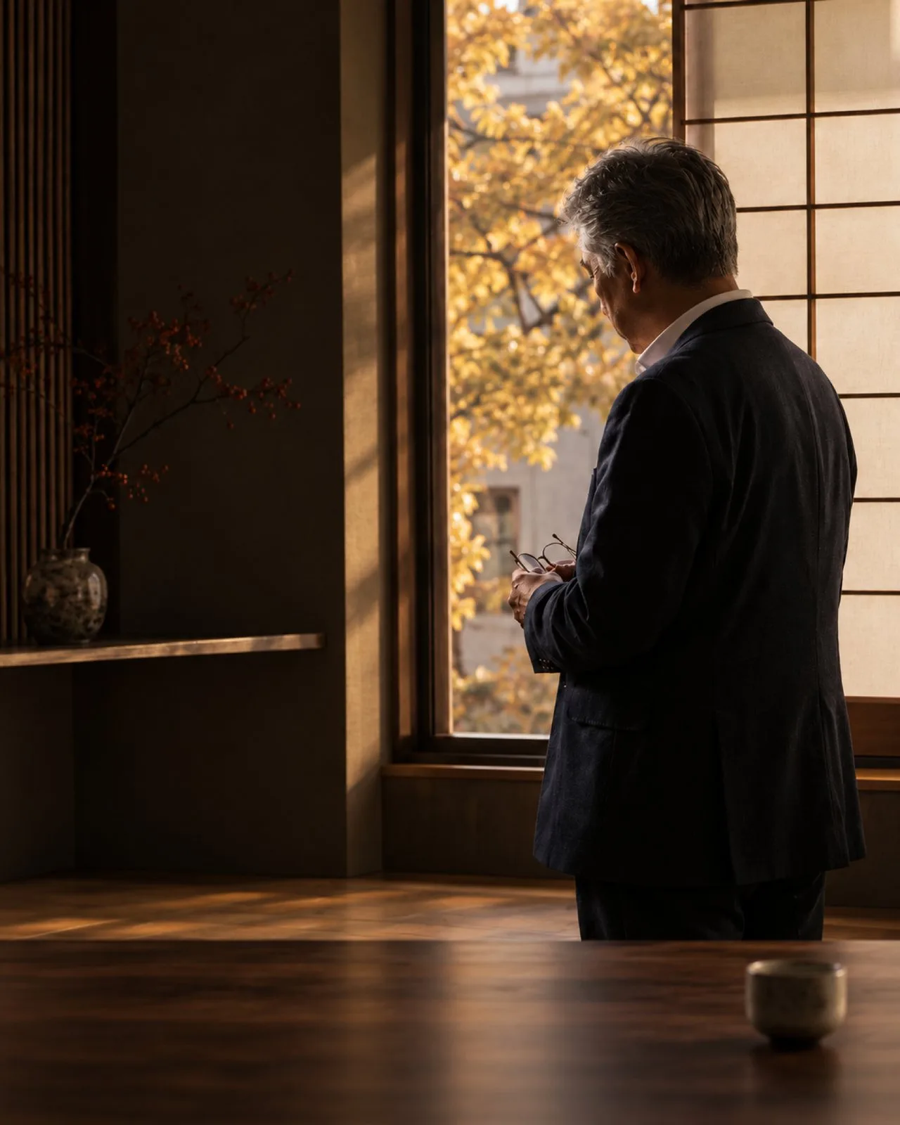 障子のそばに立ち、窓の外を見る白髪の税理士の後ろ姿と肩に、午後の光が当たっている（イメージ・見本）