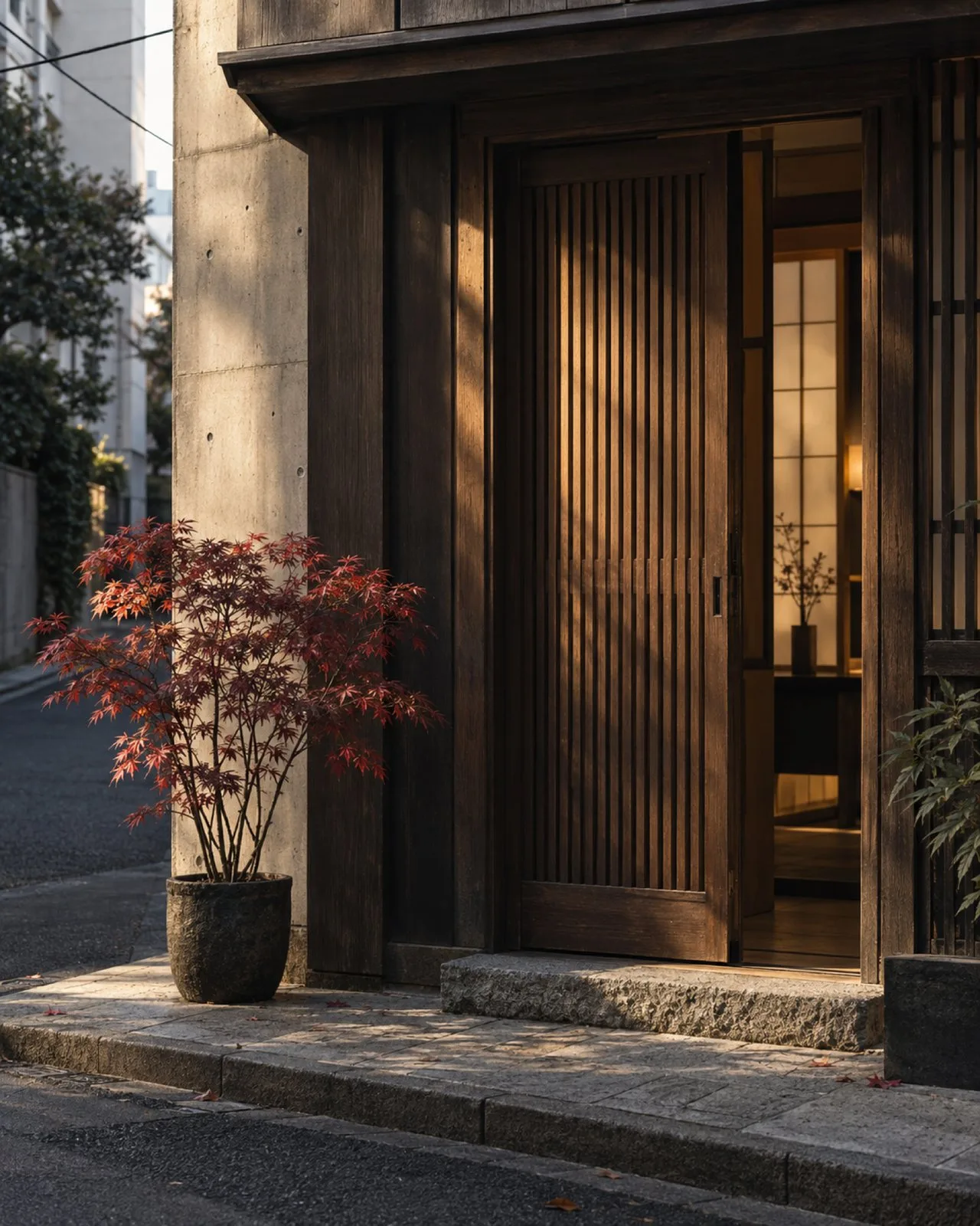 路地に面した木の格子の扉。足もとに紅葉した鉢植えのもみじ（イメージ・見本）
