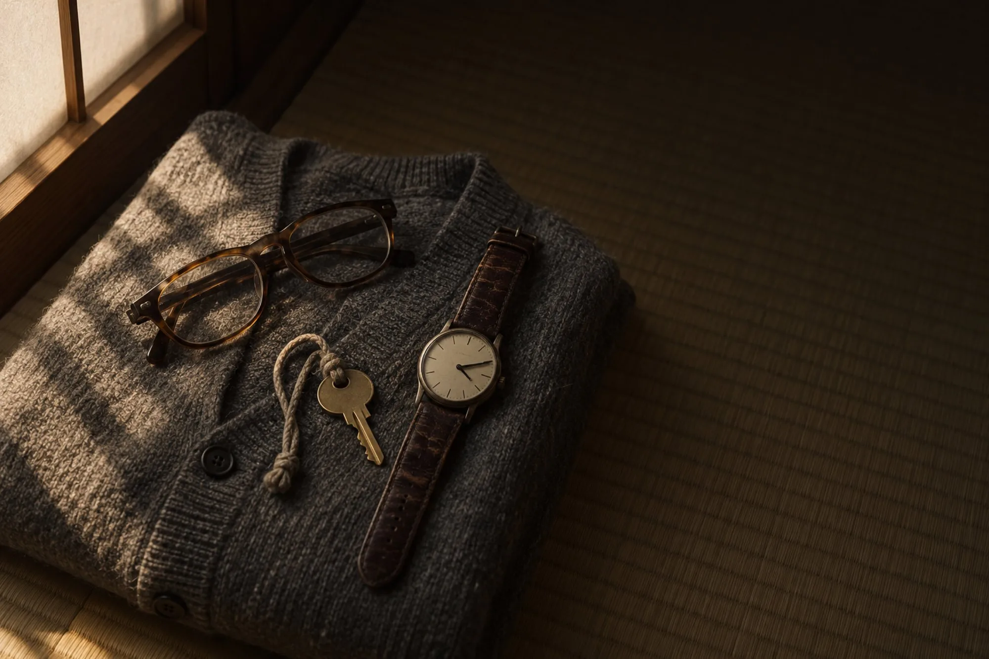 畳の上にたたんだ灰色のカーディガン。その上に、べっ甲の老眼鏡と革の腕時計、家の鍵（イメージ・見本）